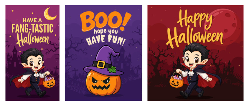 Halloween Greeting Card Bundle with Cute Vampire and Pumpkin Characters, Three Dark Purple Vector Designs