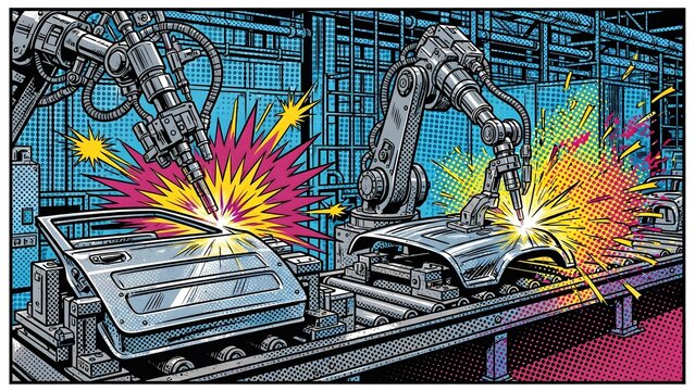 Pop Art Comic Panel Auto Welding Line Graphic Illustration with Robotic Arms Car Body Metal Sparks Ben Day Dots and Heavy Shadows