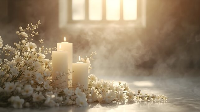 Lit White Candles Surrounded by White Flowers in Soft Sunlight Room