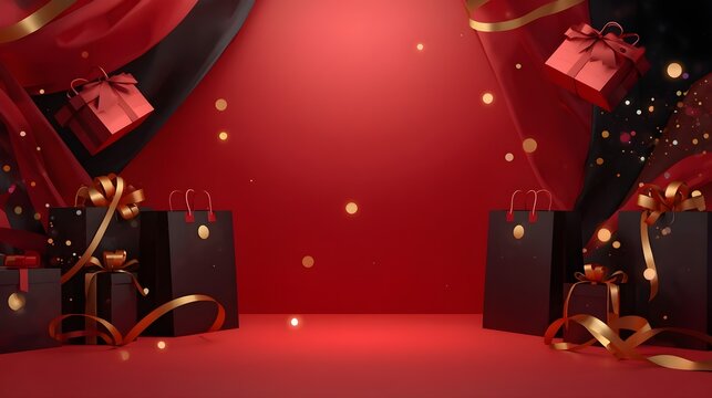 Luxury Red Holiday Presentation Stage with Floating Gift Boxes and Bags