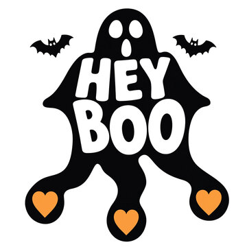 Hey boo halloween ghost graphic with bats and hanging orange hearts flying bats ghost silhouette spooky illustration halloween text festive art halloween celebration illustration