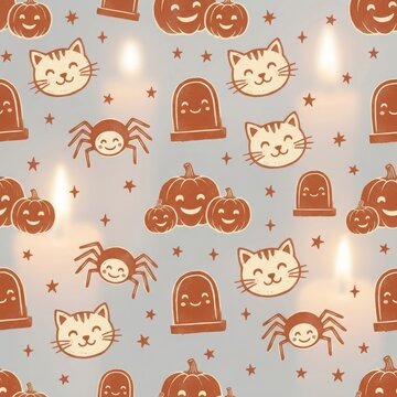 Cute halloween character pattern with smiling pumpkins and happy cat faces for festive party decorations and wrapping.