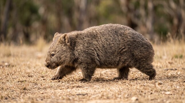 Wombat Crossing Dry Australian Grassland in Side View