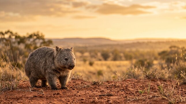 Solitary Wombat on Red Earth at Sunset in Australian Bush