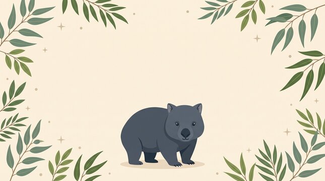 Cartoon wombat surrounded by leaves on a light background  