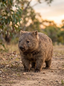 Curious Wombat Walking Through Bushland in Warm Evening Light