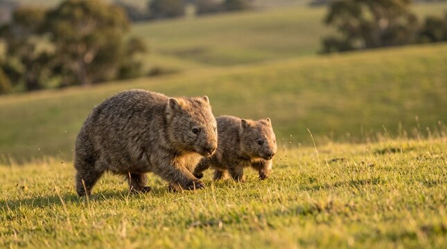 Two Wombats Foraging Together in Open Australian Grassland