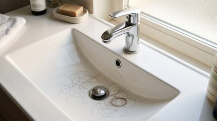 Fototapeta premium Clump of fallen human hair clogging the drain of a white ceramic bathroom sink, illustrating hygiene problems, plumbing issues, hair loss, cleaning needs, and daily maintenance