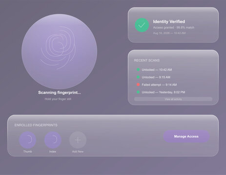 Glassmorphism biometric security dashboard, fingerprint scanning interface with identity verification, purple frosted glass UI elements
