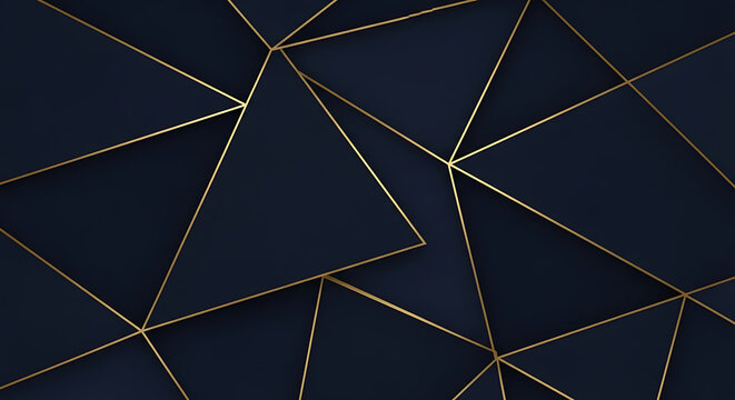 Elegant dark blue abstract background with intersecting gold geometric lines and triangles, luxury modern design.