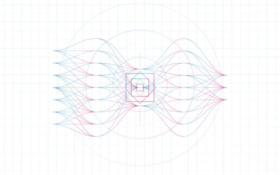 Abstract technical wave diagram, blue and red geometric data visualization, scientific line art vector on grid background