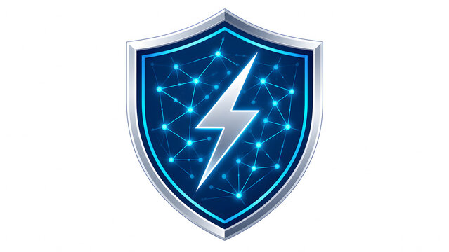 Cyber security shield icon with lightning bolt and glowing digital network mesh inside a metallic border isolated on a white background