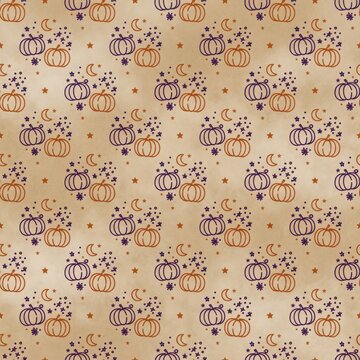 Minimalist hand drawn pumpkin and moon celestial pattern on tan vintage background for halloween stationery and greeting.