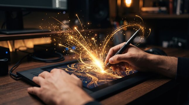 Artist hand using digital pen on graphics tablet creating magical glowing golden sparks and swirls, creative design process, illustration of digital painting and drawing