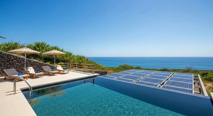 Fototapeta premium Luxury eco resort with infinity pool and solar panels overlooking the vast ocean under a clear blue sky.