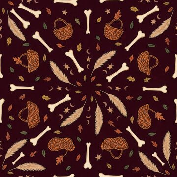 Occult mandala pattern features bones and feathers on burgundy backdrop for halloween textiles and mystical decor themes.