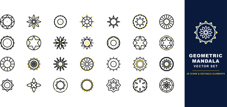 Geometric mandala vector set, 28 linear icons and editable elements, gold and black circular ornaments for luxury branding