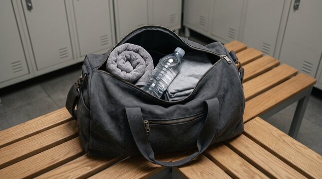 Black gym duffel bag with rolled towel and water bottle on locker room bench
