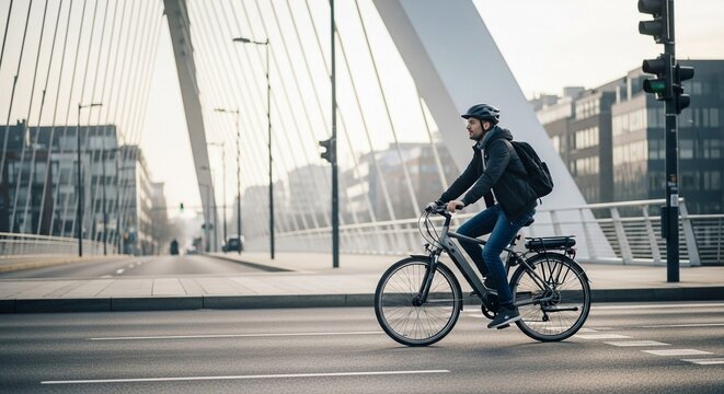 Man riding an electric bicycle on a city street over a modern bridge