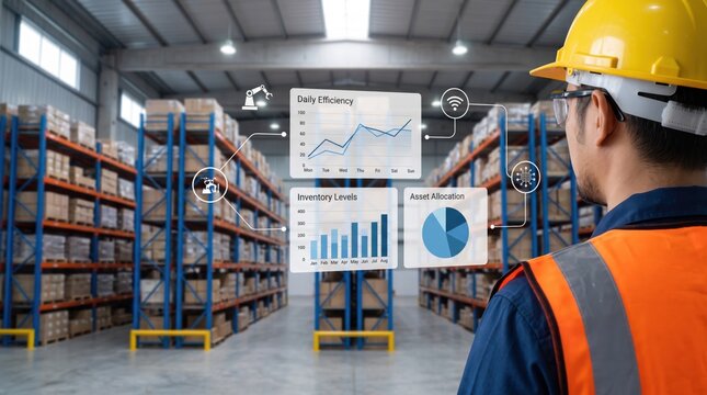 Warehouse manager wearing safety helmet and vest analyzing digital hologram interface showing daily efficiency graphs, inventory levels, and asset allocation charts in modern