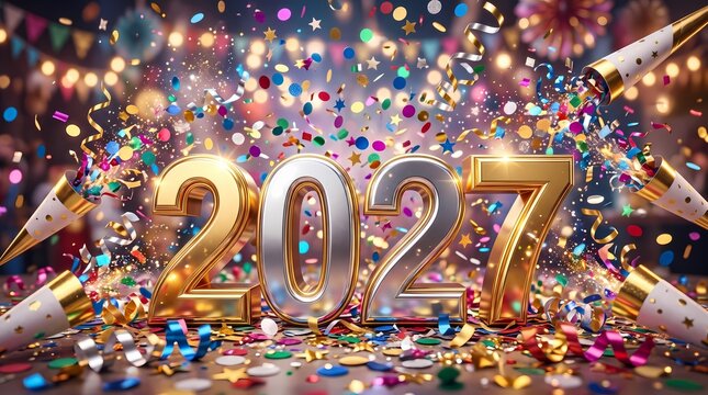 Festive Celebration Background Featuring Vibrant Gold and Silver 2027 New Year Party Confetti