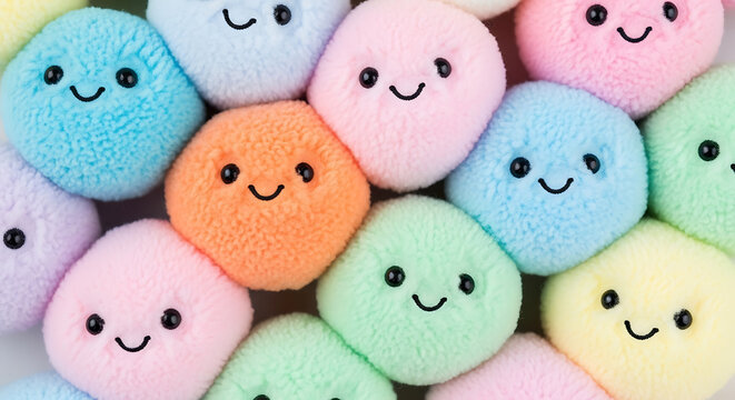 Pile of cute, fluffy pom-poms in pastel colors with smiling faces, cheerful and playful background