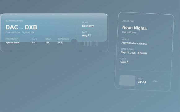 Glassmorphism boarding pass and event ticket vector, frosted glass UI elements for travel and concert apps, translucent digital interface