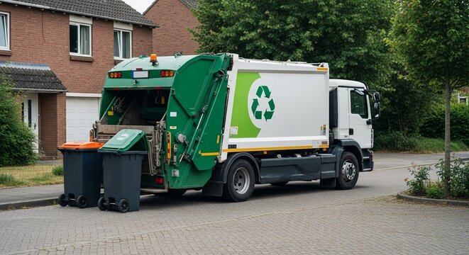 Modern electric garbage truck with recycling symbol collecting waste on a city street