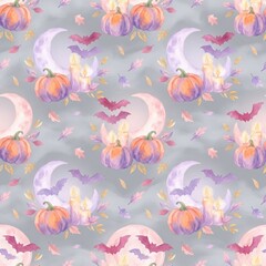Fototapeta premium Watercolor Halloween pattern with pumpkins moons bats and candles for festive holiday design.