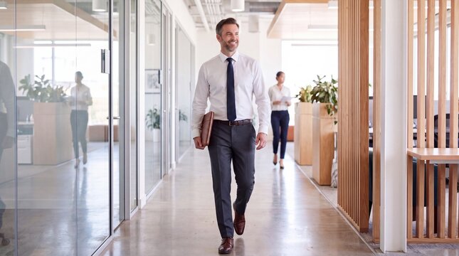 Mid Adult Businessman Walking Through Modern Office Corridor With Laptop For Return To Office, Professional Success And Career Lifestyle Concept