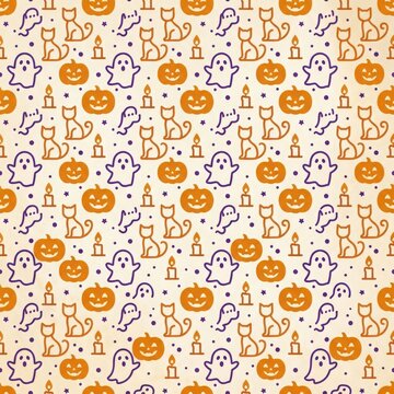 Cute halloween pattern with pumpkins ghosts cats and candles for kids decorations.