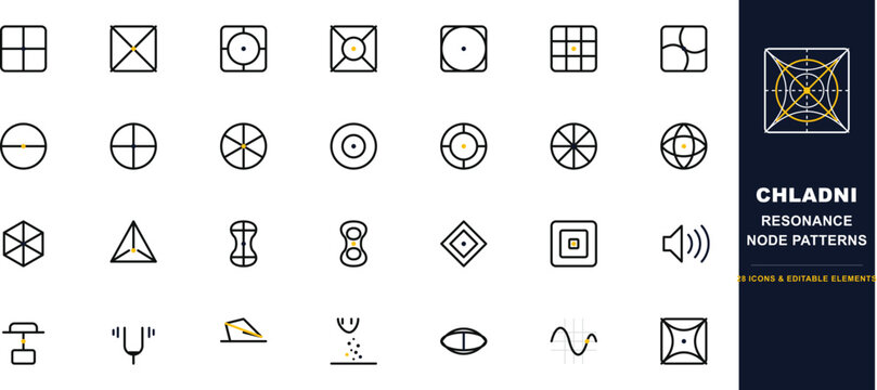 Chladni resonance node patterns, set of 28 scientific icons and design elements, geometric sound wave frequency symbols for physics education