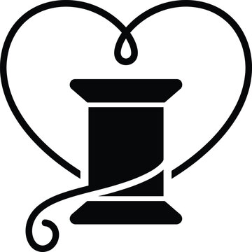 Minimalist black icon of a sewing thread spool forming a heart shape for craft and hobby design