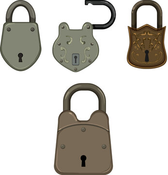 Group of antique style padlocks on white background, three closed and one open, vintage metal locks symbolizing security, privacy, access, and restricted entry concepts