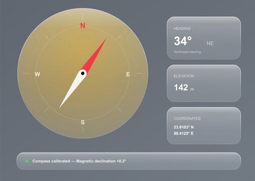Modern digital compass interface, glassmorphism UI navigation dashboard, high-tech GPS tracking app vector with elevation and coordinates