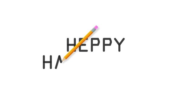 Conceptual animation of a yellow pencil correcting a spelling error in a text string to emphasize accuracy and improvement in writing process