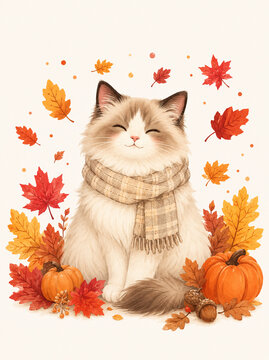 Cute Ragdoll Cat with Plaid Scarf and Pumpkins