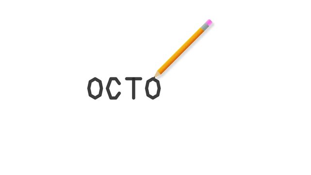 Conceptual animation of a yellow wooden pencil drawing the word octo on a clean white background to represent creative design and lettering