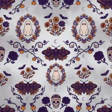 Halloween gothic seamless pattern with ghosts bats skulls moths and floral ornaments on grey cloudy background.