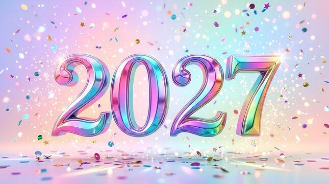 Vibrant 2027 Celebration with Sparkling Confetti and Holographic Numbers Design