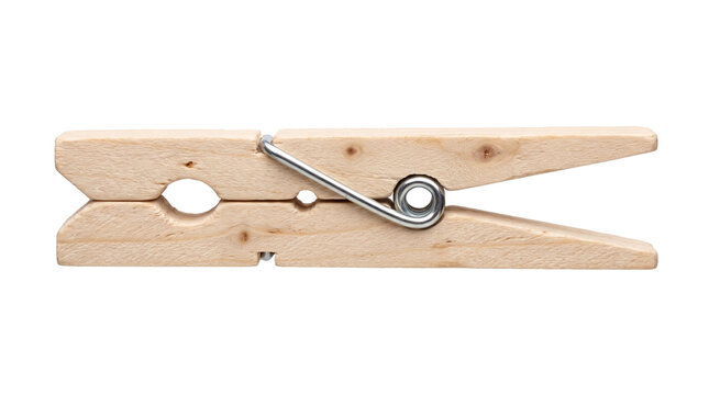 A classic wooden clothespin featuring a sturdy steel spring mechanism and a smooth pale wood texture, an essential household tool for rustic laundry or traditional crafting designs.