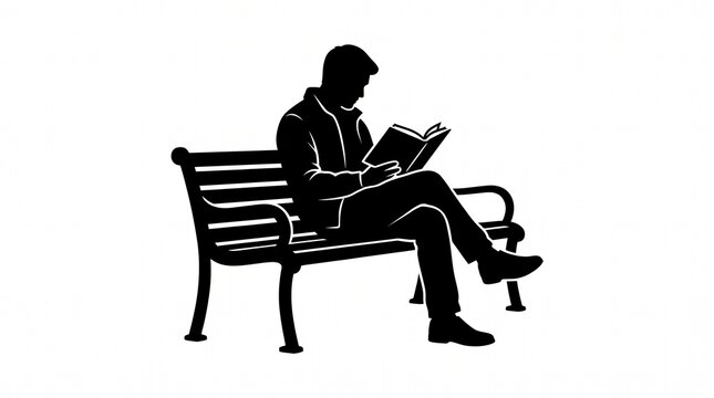 Black silhouette of a man reading a paper book while sitting on a park bench outside