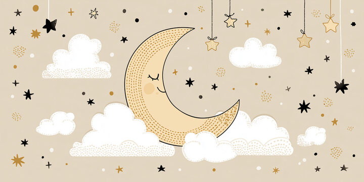 Sweet Whimsical Moon and Star Pattern on a Neutral Background