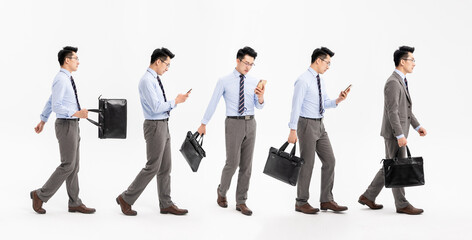 Obraz premium Businessman walking with smartphone and briefcase in multiple poses