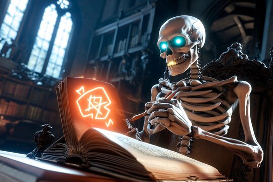 Skeleton studies glowing symbols in a decayed gothic library at night