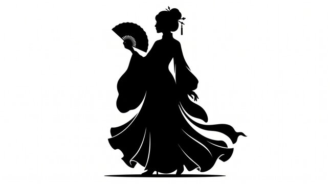 Elegant geisha silhouette holding traditional hand fan wearing flowing kimono style dress against white studio background