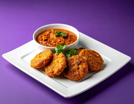 Crispy fried patties with spicy dip on white plate against purple background