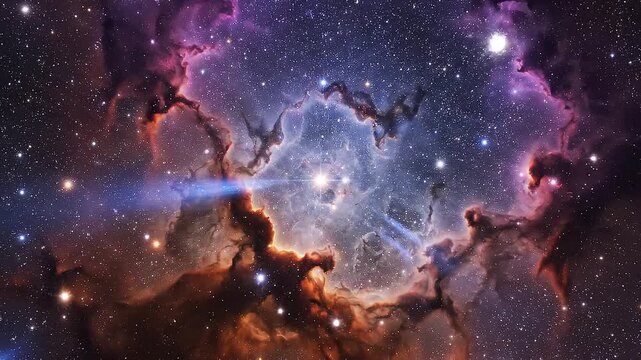 Cinematic time-lapse view of a vast colorful nebula with swirling cosmic gas and dust, glowing newly formed stars, luminous stellar light, deep volumetric layers, and realistic astrophotography-inspir