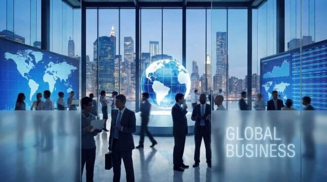 Modern Business Conference in Tall Urban Skyscraper with Digital Globe Display