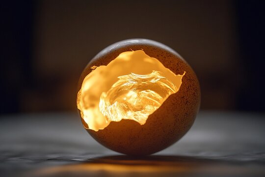Cracked egg emits soft golden light in a mystical setting